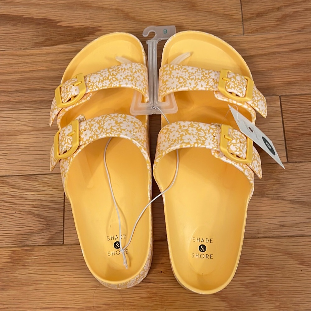 Shade & Shore Women’s Neida EVA Two Band Footbed Slide Sandals Yellow Floral Sz9